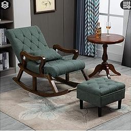 SHINE WOOD ART Teak Wood Modern Ergonomic Rocking Chair in Swed Fabric (Green)-image-10