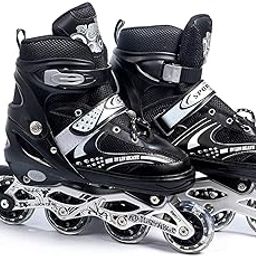 Adjustable Inline Roller Skates for Boys Kids & Girls, 7 to 14 Years Unisex Outdoor Skating Shoes Roller Blades with Led Flash Lights Featuring Wheels for Skating (Blue) (Black)-image-39