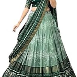 Art Women,s Tussar Silk With Leheriya And Foil Print Lehenga choli Set Women's Organza Floral White Semi-Stitched Lehenga Choli-35