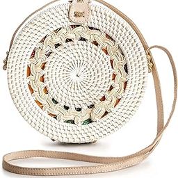 Rattan Cane Straw Wicker Handmade Boho Summer Beach Round Sling White Bag (Light Brown Curls)-image-5