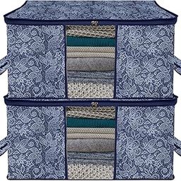 Kuber Industries Underbed Storage Bag | Clothes Storage Organizer | Visible Window Wardrobe Bag | Closet Organization with Handle | Flower Printed Storage Bag | Pack of 2 | Navy Blue-picture-17