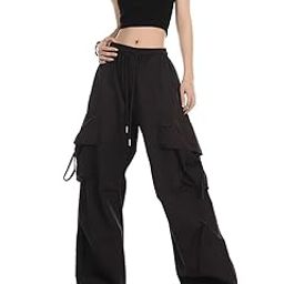 Women's Wide Leg Cargo Pants, Black, High Waist, Loose Fit with Multiple Pockets-xs, s, m-image-24