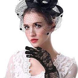 Bowknot Fascinator Hats with Floral Lace Gloves Set for Women, Black Veil Mesh Headband for Women Ladies, Vintage Fascinating Headwear for Party, Prom, Photography-image-68