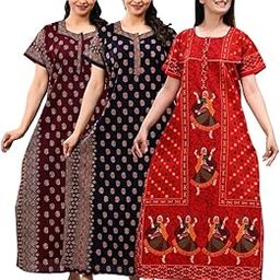 Women's Pure Cotton Nighty Combo (Pack of 3) | Printed Maxi Night Gown | Regular Fit Long Nightdress for Women | Fancy Nightwear Set-9