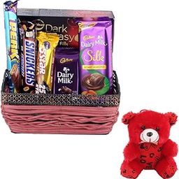 SFU E Com Combo Of Dairy Milk Roasted Almond And Dark Fantasy With Handmade Basket Gift | Valentine Teddy Bear With Chocolate Combo | Valentine Chocolate Hamper | 733-64