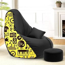 Amazon Brand - Solimo Premium Faux Leather Bean Bag Combo with Footrest & Cushion, Filled with Beans | Capacity: Upto 6 Ft 3 in Height, 120 KG Weight | 4XL | Music Print-29