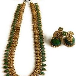 Sanaas Terracotta beautiful Handmade Neckset in Green Beads long neck-set (Green&Gold)-image-53