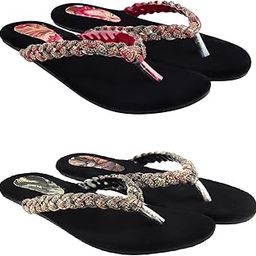 Women's Braided Strap Flip Flops, Black Velvet Footbed, Crystal Embellished-11