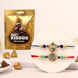 The Purple Tree Raksha Bandhan Gift Combo with 2 Rakhis and Premium Milk Chocolates | 2 pc Meenakari Peacock Rakhis for Brother with chocolate, Roli Chawal and card | Rakshabandhan Gift Hamper for Men, Boys, Bhaiya-10