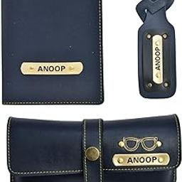 Customized Leather Unisex Gift Set | Personalized Leather Passport Cover, Eyewear Case and Luggage Tag with Name & Charm | Customized Gift for Men's & Women (Blue)-image-14