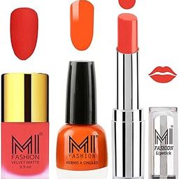 MI Fashion Nail Polish and Lipstick Combo - Neon Orange Matte Nail Polish Candy Coral Shine Nail Polish and Coral Glamour Lipstick Set of 3-image-34
