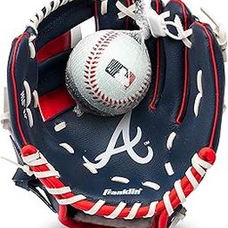 Franklin Sports MLB Youth Teeball Glove and Ball Set - Kids Atlanta Braves Baseball and Teeball Glove and Ball - Perfect First Kids Glove - 9.5", One Size-image-2