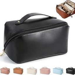 RETAIL PARATPAR Leather Cosmetic Case, Travel Makeup Bag with Handle, Cream (Black)-image-95