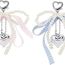 Aesthetic Keychains Set of 2 - Pink & Blue Plaid Bow with Heart Pendant | Cute Keychains Aesthetic for Bags, Backpacks & Phones | Matching Keychain Set with Heart Clasp | Bag Charms for Handbags-42