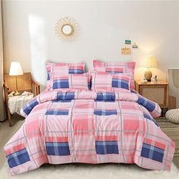 Homereels 350TC AC Comforter with Ultra-Soft Microfiber Filling Set King Size Double Bed with 1 Flat Bedsheet Size 90x100 inch 2 Pillow Covers 4 pc Bedding Glace Cotton (Square Pink Blue)-27