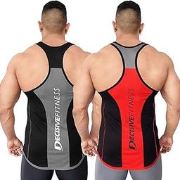 Fitness Sleeveless Designer Gym Stringer Vest, Gym Vest, Racer Back Tank Top for Men (Grey-Orange/Black-Red) (XX Large (44" Chest))-image-3