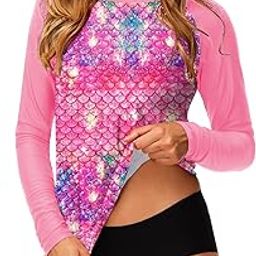 Women UPF 50+ Rash Guard Printed Swim Shirts Surf Swimwear Top, Scale Pink, Small-image-30