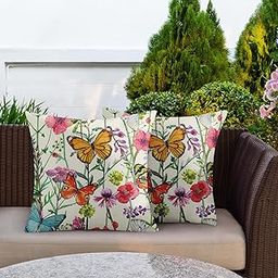 Britown Painting Flower Outdoor Waterproof Throw Pillow Covers 18 x 18 Inch Set of 2, Butterfly Vintage Pillowcase Square Cushion Case, Farmhouse Garden Decorative Pillows for Couch Beach Patio-image-44