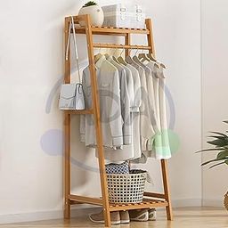 ADA Premium Natural Bamboo Wood Multifunctional Coat Stand, Top Shelf Storage Organizer With Shoe Stand&2 Hook For Hallway, Living And Guest Room-(50 X 40 X 140Cm)-29