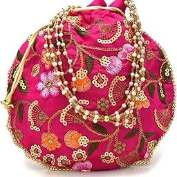 Embroidered Floral Potli Bag with Pearl Handle | Ethnic Festive Handbag for Women-image-6