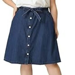 Navy Blue Plus Six Buttoned A-Line Midi Denim Woman Skirt-image-20