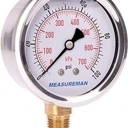 Measureman 2-1/2" Dial Size, Glycerin Filled Pressure Gauge, 0-100psi/kpa, 304 Stainless Steel Case, 1/4"NPT Lower Mount-30