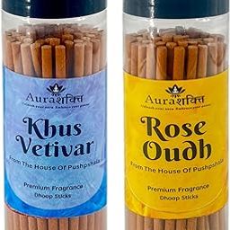 Aura Shakti Dhoop Stick | Dhoop Sticks for Pooja Organic (6 inch, 200 gram) | Dhoop Stick Box | Ceramic Stand Inside | Long-Lasting Fragrances for Pooja (Pack of 2, Khus Vetivar & Rose Oudh)-image-98