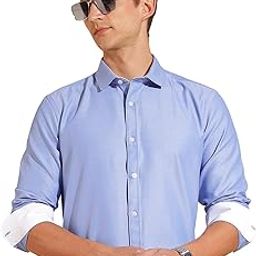 Men's Regular Fit Oxford Cotton Blend Shirt - Full Sleeve | Contrast Trim Fabric | Formal Shirts for Men-image-81