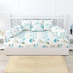 Trance Home Linen 108TC 100% Cotton Thick Printed Diwan Set | Deewan Bedsheet Set for Living Room(Set of 6 Pc, 1-Bed Sheet 54x88 Inch | 2-Bolster Cover 16x32 in | 3-Cushion Cover 16x16 in)-Tashi Blue-image-62