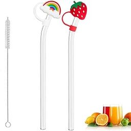 MeeTo Transparent Reusable Glass Straws Silicone Colorful Cartoon Straw Cap with Stainless Steel Straw Cleaning Brush for Safe Kids Friendly and Easy to Clean (Straw, Cap, Brush) (2)-25