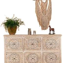 Hand Carved Chest of Drawers Solid Mango Wood Cabinet: Elegant Storage Solution for Living Room, Dining Room, and More-22