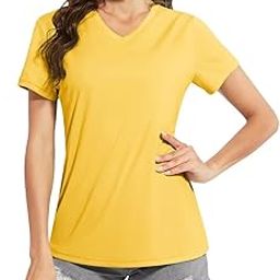 Women's Rash Guard Short Sleeve V Neck UPF 50+ Sun Protection Clothing Quick Dry UV SPF Swim Shirts, Yellow, Small-image-97