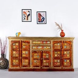 FURNWEAVE Chokat Wooden Tradtional Brass Fitted Solid Wood Sideboard Tv Cabinet for Living Room, Home, Office & Lounge | Tv Unit Table with 2 Drawers & 6 Doors Antique Storage Cabinet Furniture, Teak-image-94