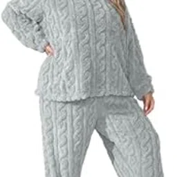 ukal Men & Women Plus Size Casual Pajamas Set, Unisex Plus Solid Textured Long Sleeve Round Neck Warm Flannelette & Joggers Loungewear Two Piece Set Size: (L-XXL)-picture-39