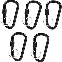 Stealodeal Black Carabiner Aluminium Screw Locking Spring Clip Hook Outdoor D Shaped with Silver Keyring (Pack of 5)-image-12