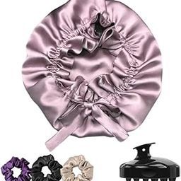 Attune® Silk Satin Hair Bonnet Reversible Satin bonnet with adjustable tie band wrap Satin Wrap Silk bonnet hair with Hair Scalp Massager Shampoo Brush and scrunchies (Purple)-34