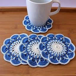 Crochet Doily Coasters Set of 6 Cotton Crochet Coasterscolor Blue and White Made to Order-17