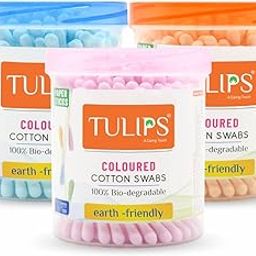 TULIPS Cotton Ear Buds/Swabs Pack of 3 (Multicolor) made of White PAPER Stick (100/200 Tips) in a Jar-image-76