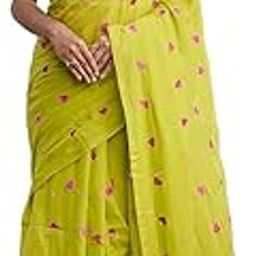 FULIAHANDLOOM | Handloom Cotton Saree with Heart Embroidery | Lime Yellow with Pink Details | Pompom Border | 6 Yards | Without Blouse-image-2