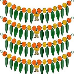 iHandikart Artificial Marigold Bandanwar Pack of 4 with Mango Leaves and Bells - 40 Inch, Yellow and Mango - Home & Festive Decorations, Housewarming Gift-image-68