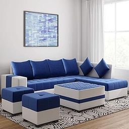 Blisscraft Urbanoza 8 Seater Fabric RHS L Shape Sofa Set with 2 Ottomans (Blue-Light Grey)-18