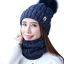 Winter Soft Warm 1 Set Snow Proof Ball Cap (Inside Fur) Woolen Beanie Cap with Scarf for Women Girl (Freesize,Blue)-(Pack of 02)-image-11