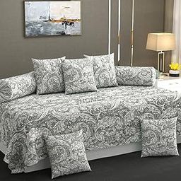 SHOMES Pure Soft Cotton Floral Printed Diwan Set Covers 8 Pieces - 1 Single Bed Sheet (60 X 90) with 5 Cushion (16 X 16), 2 Bolster Covers (16 X 32) - Grey Floral-image-83