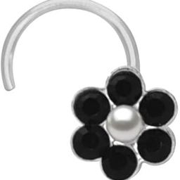 Flower shape Nose Pin with wire in 92.5 Silver with Black CZ Stones for women and Girls. Piercing Required-30