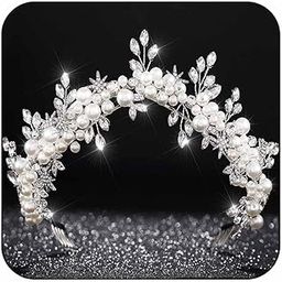 Crystal Crown and Tiara Silver Beaded Crowns Headpiece Bride Wedding Headwear Hair Accessories for Women and Girls, Alloy-image-56