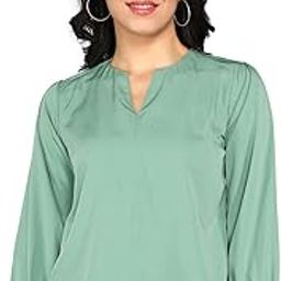 Polyester Soft Satin v-Neck Casual Formal Office Western Solid Plain Stylish Full Sleeve Tops for Women Latest-35