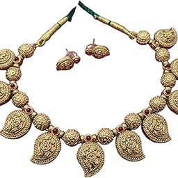 Antique Gold Necklace Set with Green or Ruby Stones, Paisley Design, Traditional Indian Jewellery with Matching Earrings | Mango Design Necklace Set for Women-image-37