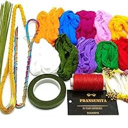 PRANSUNITA Cotton Complete Stocking Flower Making Kit For Beginners - Includes Flower Making Imported Stockings Cloth, Golden, Multi & Green Hard Wires, Pollens, Floral Tape, & Tying Thread-picture-0