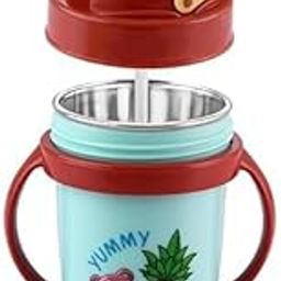 Zerya Hot & Cold Insulated Stainless Steel 360ml BPA-Free Cute Animal Design Baby Sipper Kids Water Bottle with Straw and Side Handle for Kids (Blue)-11