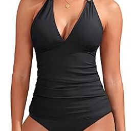 Womens Two Piece Bathing Suit Halter Deep V-Neck Swimsuit Ruched Tummy Control Tankini Set Black-Pineapple L-image-81